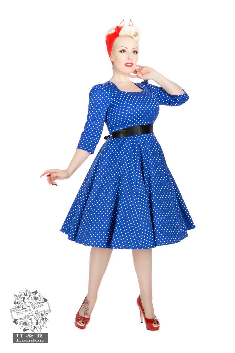 Veronica Blue White Polka Dot 3/4 Sleeves Dress